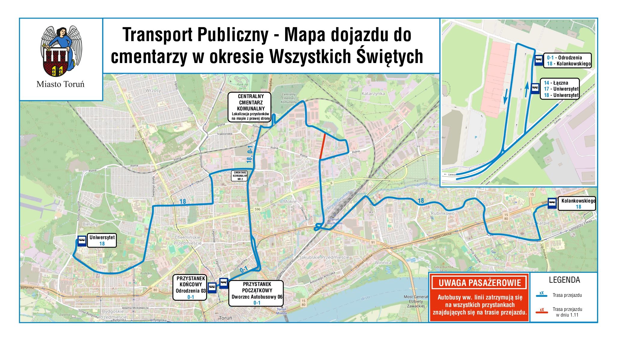 Mapa dojazdu do cmentarzy komunikacją miejską w okresie Wszystkich Świętych
