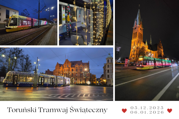 kolaż zdjęć z tramwajem świątecznym